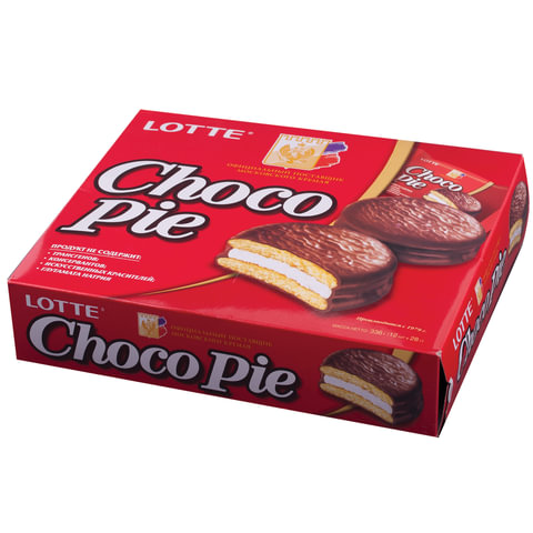 Печенье LOTTE "Choco Pie" ("Чоко Пай"), прослоенное, глазированное, в картонной упаковке, 336 г (12 штук х 28 г)