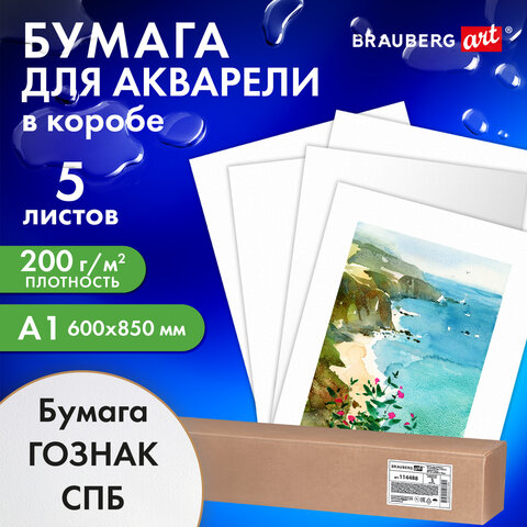 Бумага для акварели А1 (600х850 мм), КОМПЛЕКТ 5 листов, среднее зерно, 200 г/м2, ГОЗНАК, BRAUBERG ART CLASSIC, 114488