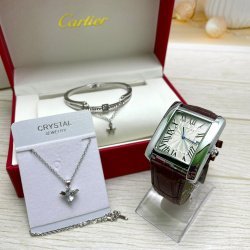 Акция! Подарочный набор CartER (браслет, подвеска, часы) Серебро, коричневый ремешок