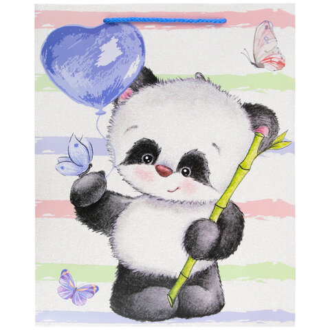 Пакет подарочный (1 штука) 26x13x32 см, ЗОЛОТАЯ СКАЗКА "Lovely Panda", глиттер, белый с голубым, 608241