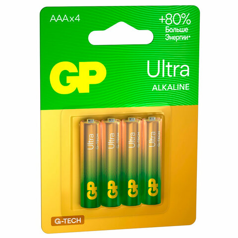 Батарейки КОМПЛЕКТ 4 шт., GP Ultra G-Tech, AAA (LR03, 24А), алкалиновые, мизинчиковые, 24AUA21-2CRSBC4