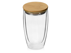 Стакан с двойными стенками и бамбуковой крышкой «Batur», Цвет прозрачный, коричневая крышка