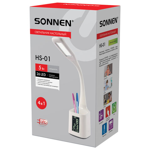 Настольная лампа / светильник SONNEN HS-01 на подставке, LCD-экран, СВЕТОДИОДНАЯ, 5 Вт, белый, 238234
