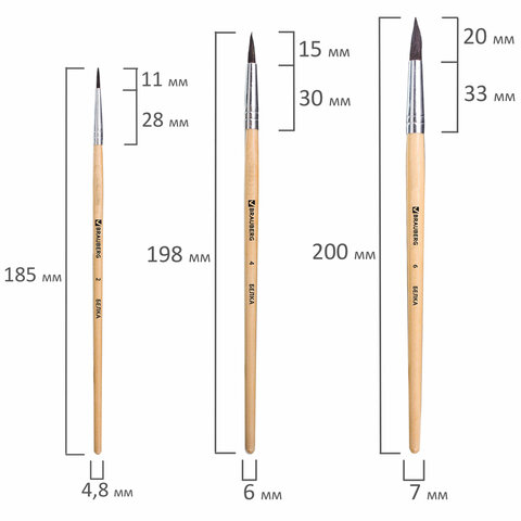 Кисти BRAUBERG, набор 3 шт. (белка, круглые № 2, 4, 6), блистер, 200216