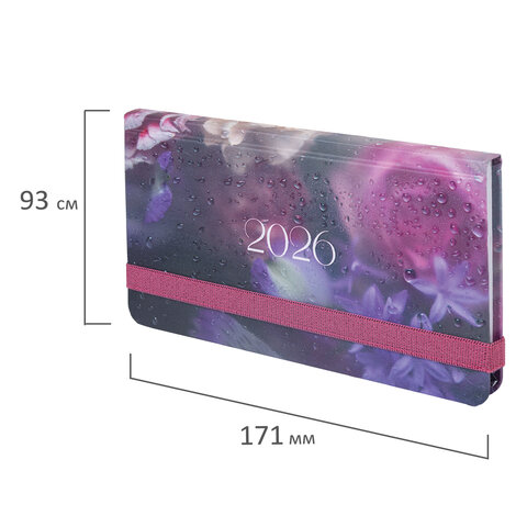 Еженедельник датированный 2026 с резинкой 171х93 мм, BRAUBERG, твердый, УФ-ЛАК, 64 л., "Цветы", 117348