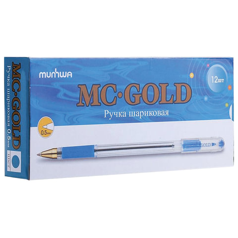 Ручка шариковая масляная с грипом MUNHWA "MC Gold", СИНЯЯ, корпус прозрачный, узел 0,5 мм, линия письма 0,3 мм, BMC-02