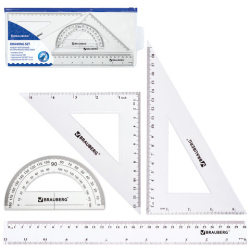 Набор чертежный большой BRAUBERG (линейка 30 см, 2 угольника, транспортир), конверт на молнии, подвес, 210308