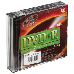 Диски DVD+R (плюс) VS, 4,7 Гб, 16x, Slim Case, КОМПЛЕКТ 5 шт., VSDVDPRSL501