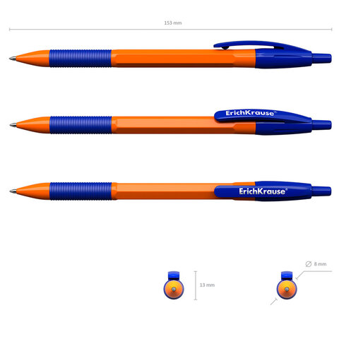 Ручка шариковая автоматическая с грипом ERICH KRAUSE "R-301 Orange", СИНЯЯ, узел 1,0 мм, линия письма 0,35 мм, 46762