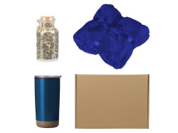 Подарочный набор с пледом, термокружкой и чаем, Цвет темно-синий, синий
