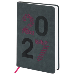 Ежедневник датированный 2027, А5, 138х213 мм, BRAUBERG "Scripted", под кожу, вышивка, серо-голубой, 118024