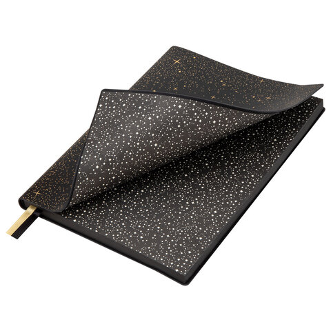 Блокнот B6, 130x185 мм, BRAUBERG "Stellar", под кожу, 80 листов, фольга, резинка, клетка, черный, 118652