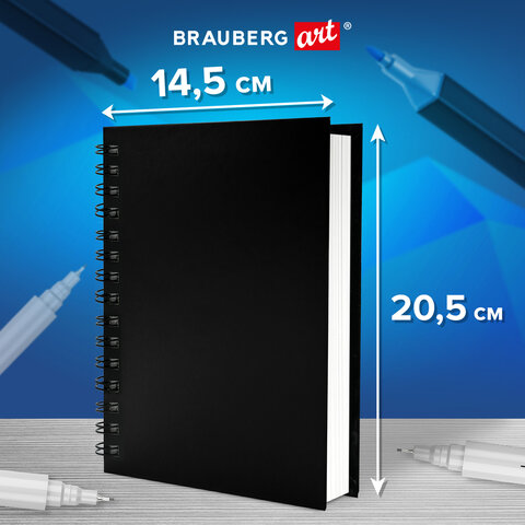 Скетчбук, белая бумага 160 г/м2, 145х205 мм, 60 л., гребень, твёрдая обложка ЧЕРНАЯ, BRAUBERG ART CLASSIC, 115072
