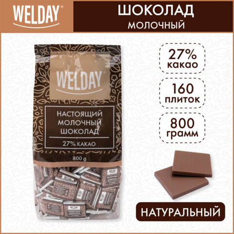 Шоколад порционный высшего качества WELDAY (ВЭЛДЭЙ) "Молочный 27%", 800 г (160 плиток по 5 г), пакет, 622406