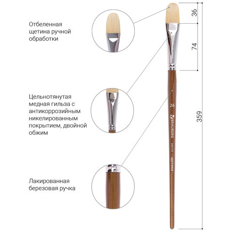 Кисть художественная профессиональная BRAUBERG ART CLASSIC, щетина, овальная, № 26, длинная ручка, 200739