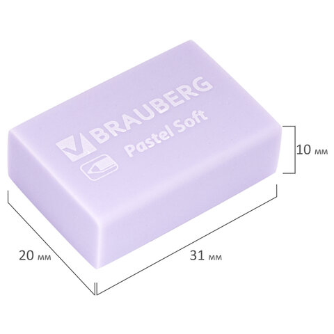 Ластики BRAUBERG "Pastel Soft" НАБОР 12 шт., размер ластика 31х20х10 мм, экологичный ПВХ, 229598