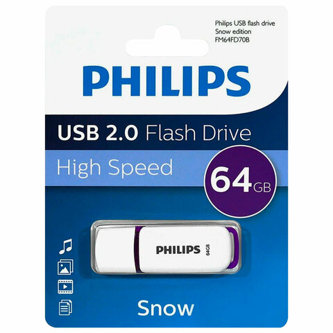 Флеш-диск 64 GB PHILIPS SNOW, разъем USB 2.0, фиолетовый, FM64FD70B/97