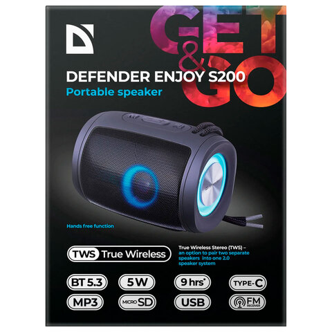 Колонка портативная DEFENDER Enjoy S200, 2.0, 5 Вт, Bluetooth, FM-тюнер, USB, microSD, 1200 мАч, 65200