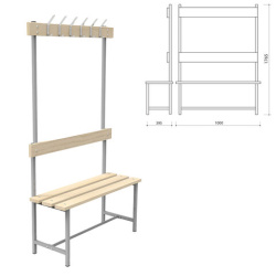 Скамья с вешалкой, спинкой "СВТ 4", 1765х1000х395 мм, 6 крючков, регулируемые опоры, каркас металлический серый, сиденье дерево