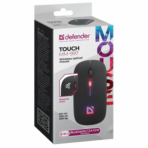 Мышь беспроводная DEFENDER TOUCH MM-997, USB, 3 кнопки+1 колесо-кнопка, оптическая, черная, 52997