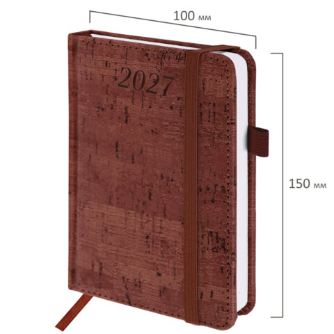 Ежедневник датированный 2027, МАЛЫЙ ФОРМАТ, 100х150 мм, А6, BRAUBERG "Wood", под кожу, коричневый, 118117