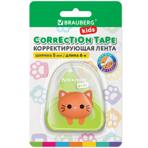 Корректирующая лента BRAUBERG KIDS "Котенок", 5 мм х 6 м, корпус ассорти, блистер, 272494