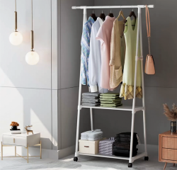 Вешалка передвижная напольная с полками Triangle clothes Rack 160х55х42 см. / Стойка для вещей, обуви на колесиках (черный, белый)