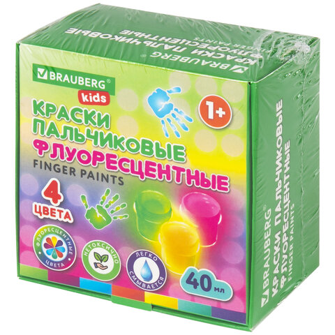 Краски пальчиковые флуоресцентные для малышей от 1 года, 4 цвета по 40 мл, BRAUBERG KIDS, 192399