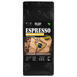 Кофе в зернах WELDAY (ВЭЛДЭЙ) "ESPRESSO БРАЗИЛИЯ САНТОС" 1 кг, арабика 100%, 624401