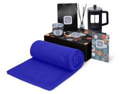 Подарочный набор «Re:y. Vive» с пледом, френч-прессом и кофе, Цвет синий