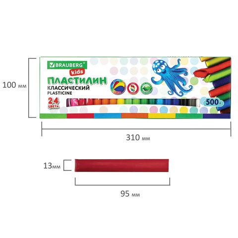 Пластилин классический BRAUBERG KIDS, 24 цвета, 500 г, ВЫСШЕЕ КАЧЕСТВО, 105874