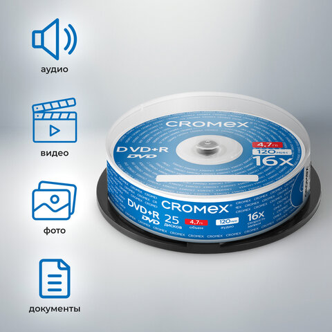 Диски DVD+R (плюс) CROMEX, 4,7 Gb, 16x, Cake Box (упаковка на шпиле), КОМПЛЕКТ 25 шт., 513777