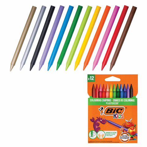 Мелки пластиковые BIC "Plastidecor", 12 цветов, ультрапрочные, круглые, картонная упаковка, подвес, 945764