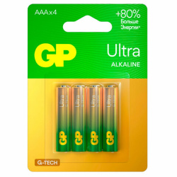 Батарейки КОМПЛЕКТ 4 шт., GP Ultra G-Tech, AAA (LR03, 24А), алкалиновые, мизинчиковые, 24AUA21-2CRSBC4