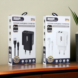 Сетевое зарядное устройство MRM S85 5V/2.4A, 2USB, с кабелем Micro 1,2м, черный и белый цвет