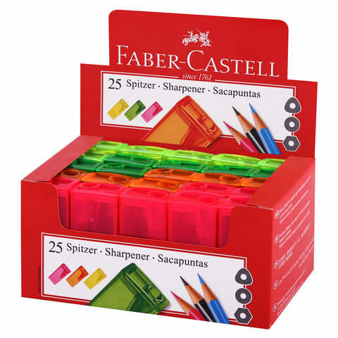 Точилка FABER-CASTELL, с контейнером, прямоугольная, пластиковая, детали флуоресцентные, ассорти, 581525