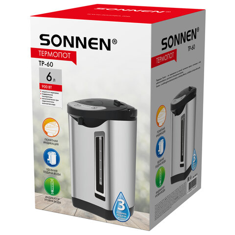 Термопот SONNEN TP-60, 6 л, 900 Вт, 1 температурный режим, 3 режима подачи воды, сталь, черный/серебро, 456713