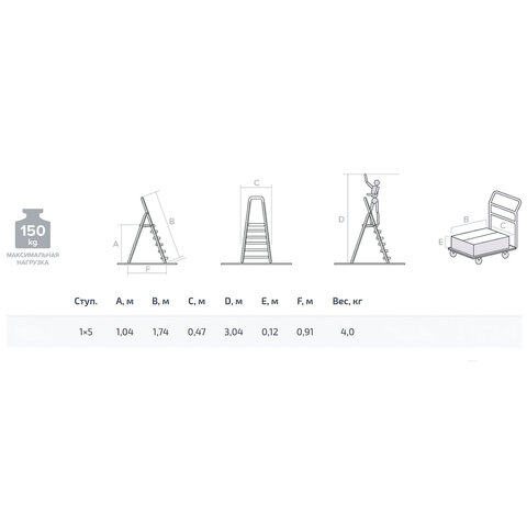 Стремянка алюминиевая 5 ступеней, высота площадки 1,04м, дуга безопасности 0,6м, площадка 26х26см, до 150кг, вес 4кг, НОВАЯ ВЫСОТА, 1110105