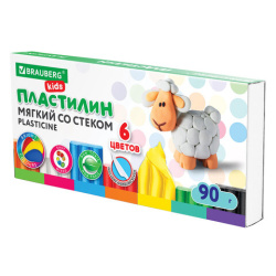 Пластилин мягкий восковой BRAUBERG KIDS, 6 цветов, 90 г, со стеком, 106493