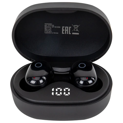 Наушники беспроводные TWS внутриканальные с микрофоном, SONNEN EP-BH25B, Bluetooth 5.3, черные, 514125