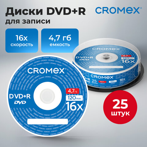 Диски DVD+R (плюс) CROMEX, 4,7 Gb, 16x, Cake Box (упаковка на шпиле), КОМПЛЕКТ 25 шт., 513777