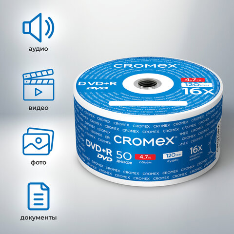 Диски DVD+R (плюс) CROMEX, 4,7 Gb, 16x, Bulk (термоусадка без шпиля), КОМПЛЕКТ 50 шт., 513774