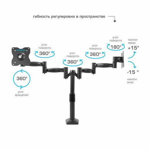 Кронштейн для 2 мониторов настольный KROMAX OFFICE-3, VESA 75/100, 15"-34", до 2х6 кг, 7 степеней свободы, 20032