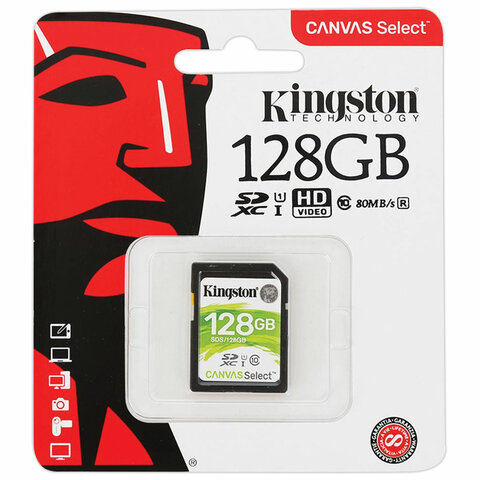 Карта памяти SDXC 128 GB KINGSTON Canvas Select Plus UHS-I U1, 100 Мб/сек (class 10), SDS2/128GB