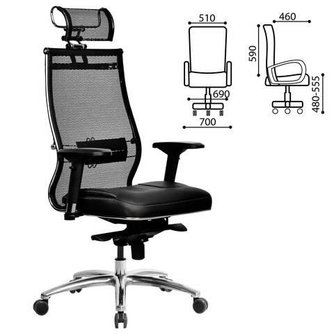 Кресло офисное МЕТТА "SAMURAI" SL-3.05, с подголовником, сверхпрочная ткань-сетка/экокожа, черное