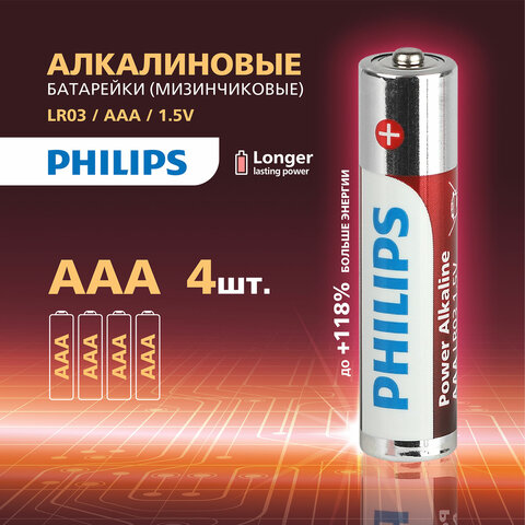 Батарейки алкалиновые "мизинчиковые" КОМПЛЕКТ 4 шт., PHILIPS Power Alkaline, ААА (LR03,15А), блистер, Б0062736