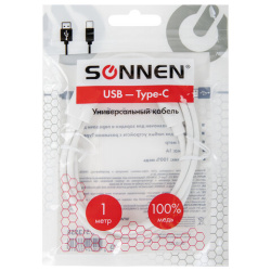 Кабель белый USB 2.0-Type-C, 1 м, SONNEN, медь, для передачи данных и зарядки, 513558