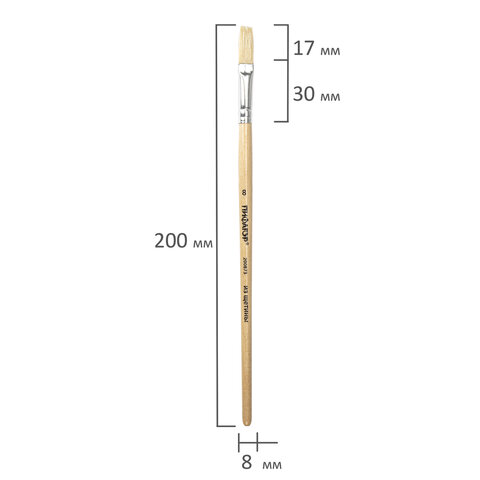 Кисть ПИФАГОР, ЩЕТИНА, плоская, № 8, деревянная лакированная ручка, пакет с подвесом, 200873