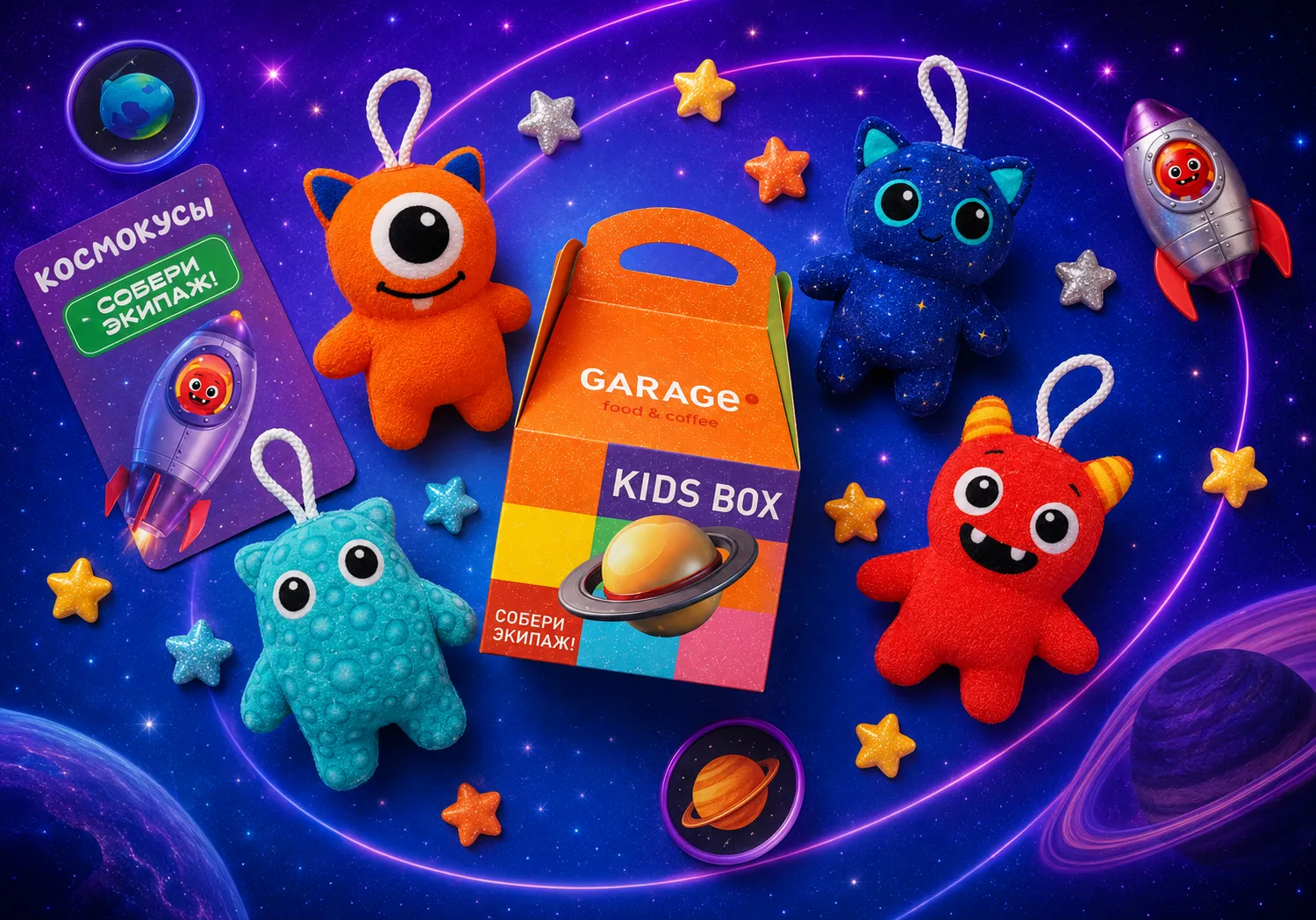 Мягкие сувенирные брелоки-подвесы «Космокусы» для Kids Box Garage — разработка идеи, дизайна и пошив под заказ