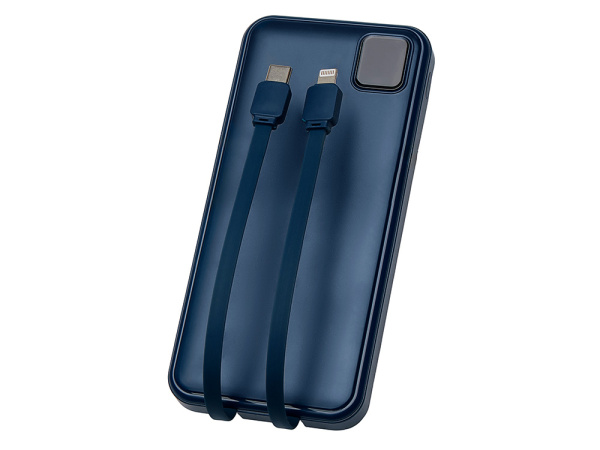 Внешний аккумулятор со встроенными кабелями «Фрэйм», 10000мач, Цвет темно-синий